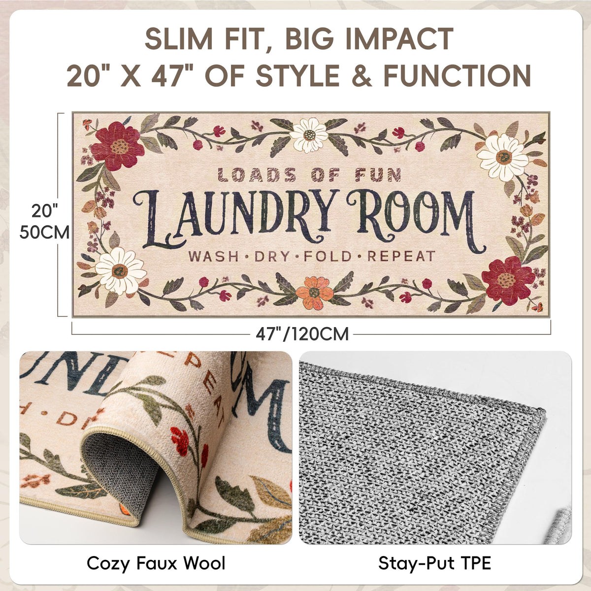 TIKIRUGI soft low-pile surface offers comfortable footing while folding laundry.