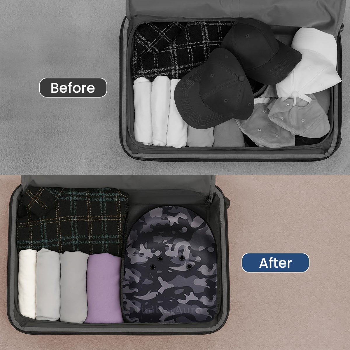TimberAura Camo Hat Case water-resistant exterior protects hats in storage