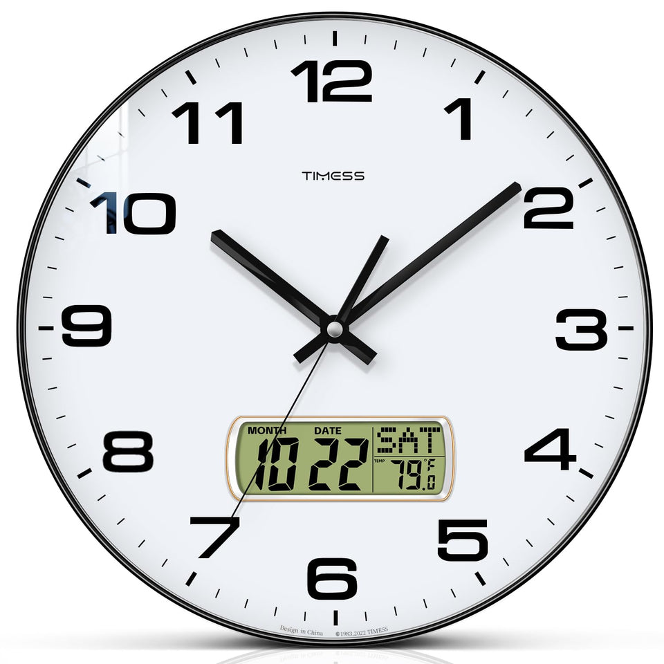 TIMESS 12-inch wall clock showing LCD calendar and temperature for easy reading