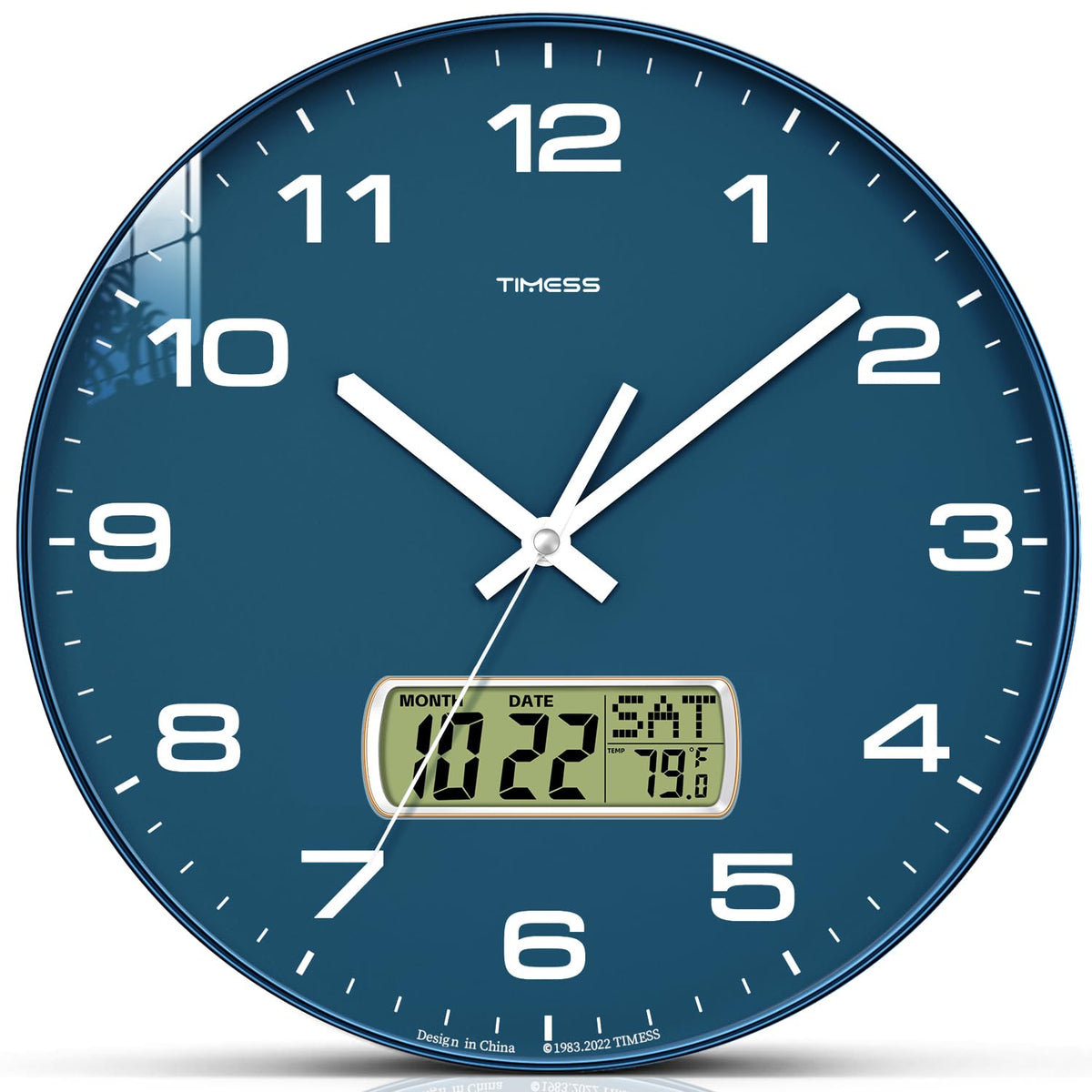 TIMESS wall clock with 10-inch blue LCD display showing date and Fahrenheit temperature