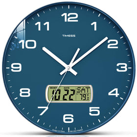 TIMESS wall clock with blue frame and 12-inch dial, easy-to-read LCD calendar.