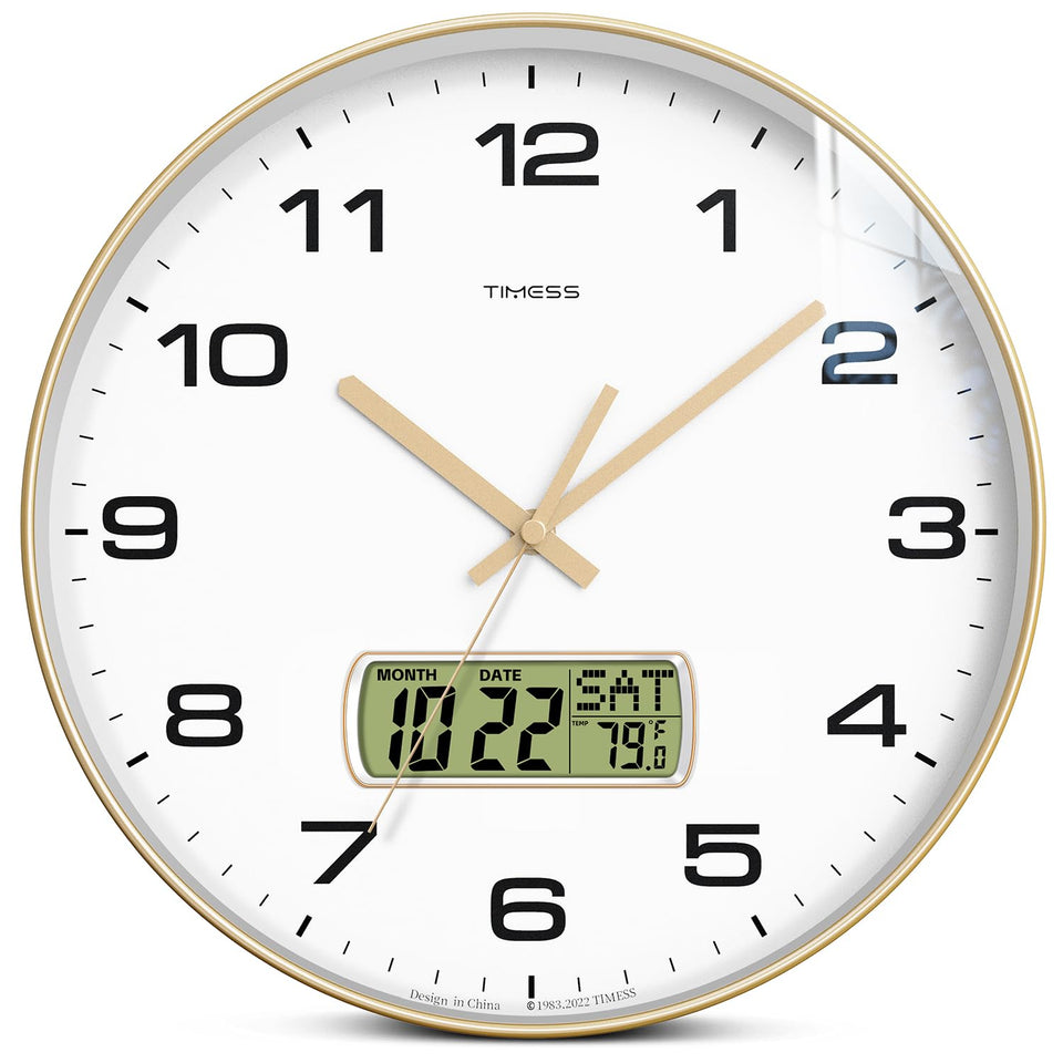 TIMESS wall clock with 12-inch dial and silent movement for quiet spaces