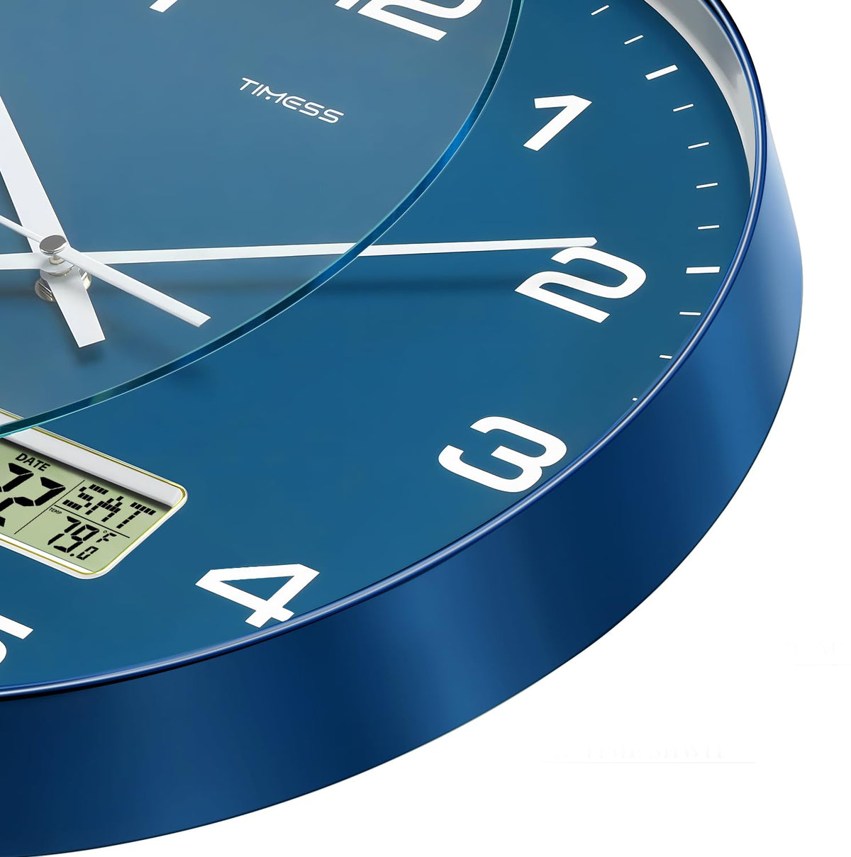 TIMESS wall clock with perpetual calendar and temperature display for quick readouts.