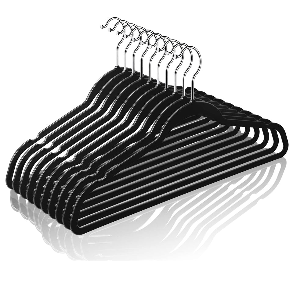 TIMMY 50-plastic hangers stacked in a closet for space-saving organization.
