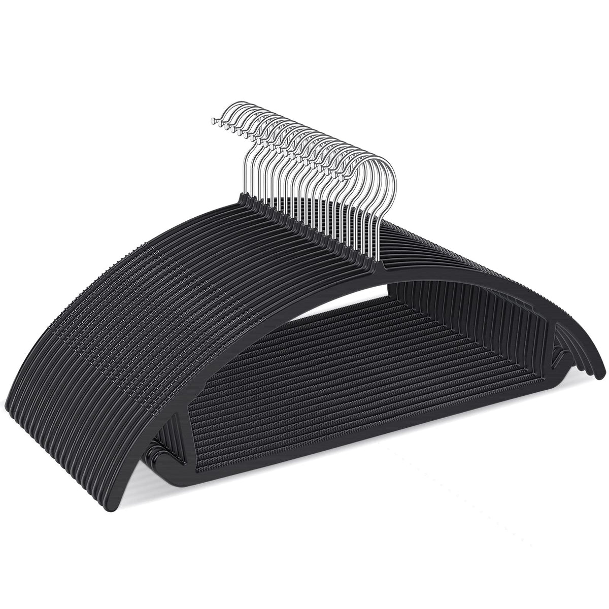 TIMMY ergonomic curved hangers highlight neck-friendly design for silk and delicate fabrics.