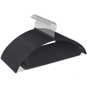 TIMMY ergonomic curved hangers highlight neck-friendly design for silk and delicate fabrics.