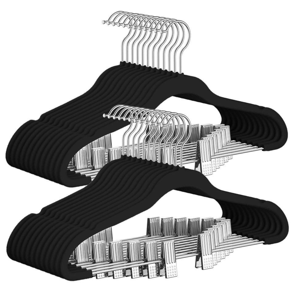 TIMMY premium black velvet hangers with clips close-up showing non-slip grip for delicate fabrics