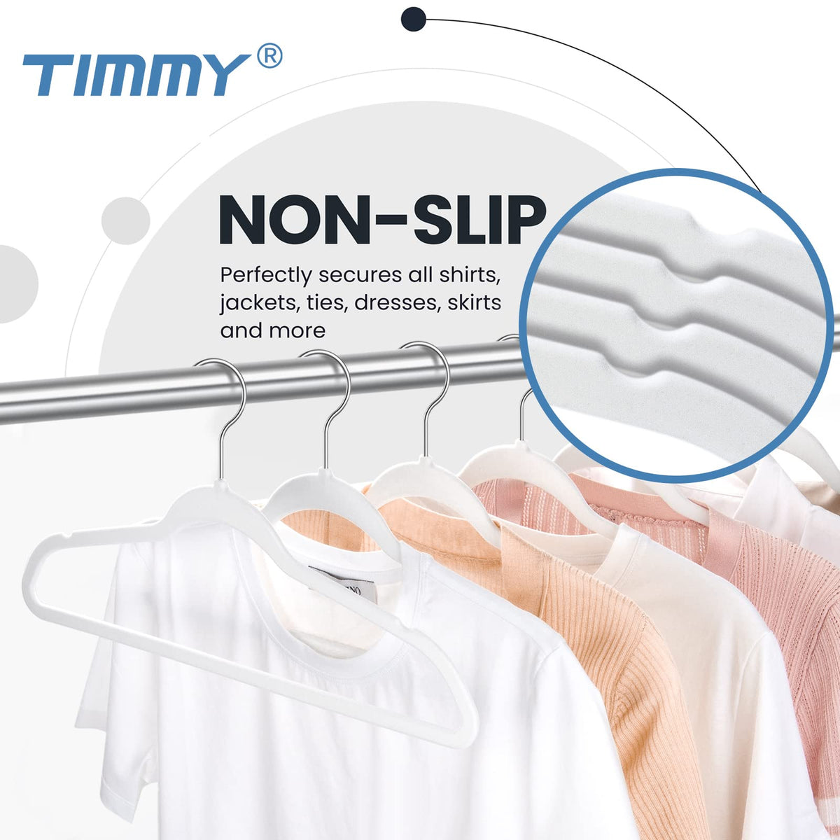TIMMY velvet hangers arranged in a tidy closet for organized storage.