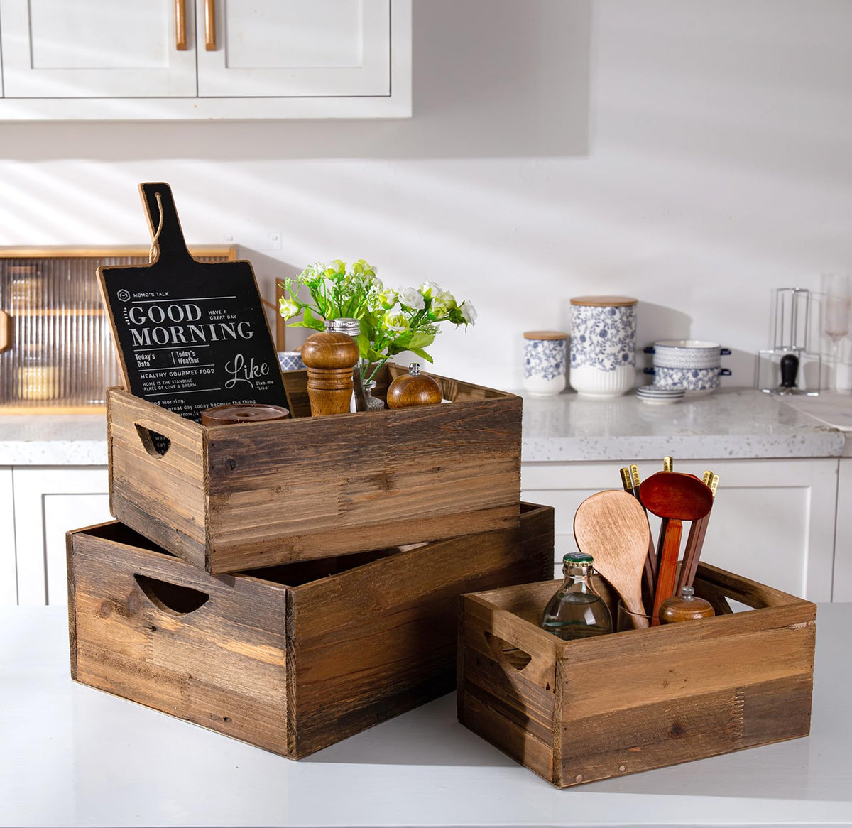 TIMRIS rustic distressed wood nesting crates set natural for stylish storage.