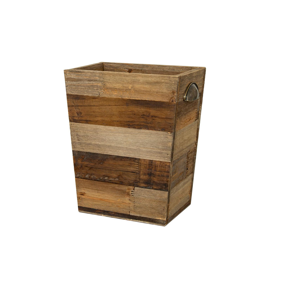 TIMRIS small wood trash can in natural finish showing rustic grain adds vintage charm.