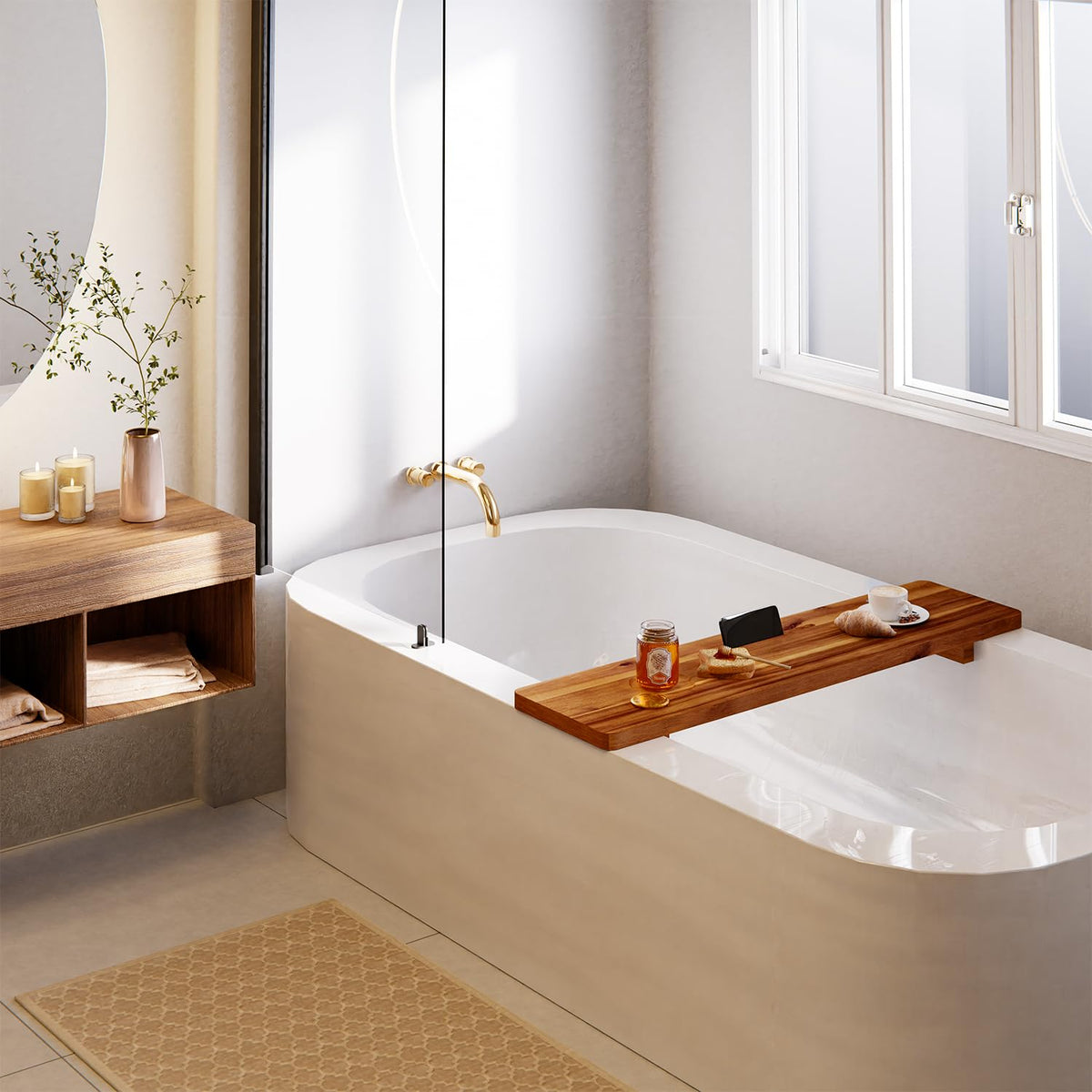 Tinamo Acacia Bathtub Caddy Tray iPad slot accommodates tablets securely.