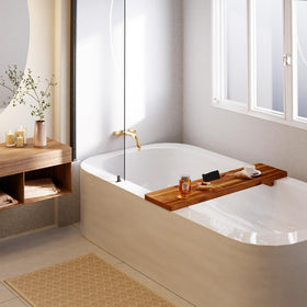 Tinamo Acacia Bathtub Caddy Tray iPad slot accommodates tablets securely.