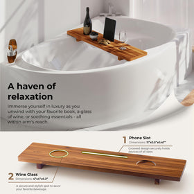Tinamo Acacia Bathtub Caddy Tray phone slot keeps your device safe.