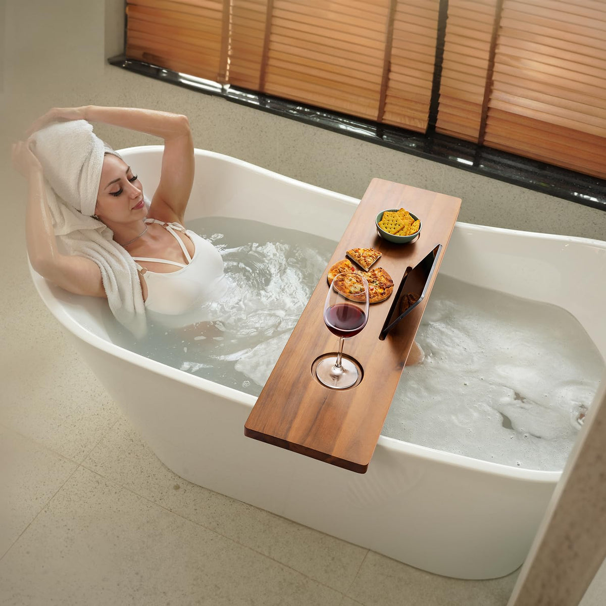 Tinamo Acacia Bathtub Caddy Tray wine glass grooves hold beverages.