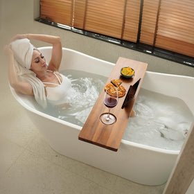 Tinamo Acacia Bathtub Caddy Tray wine glass grooves hold beverages.