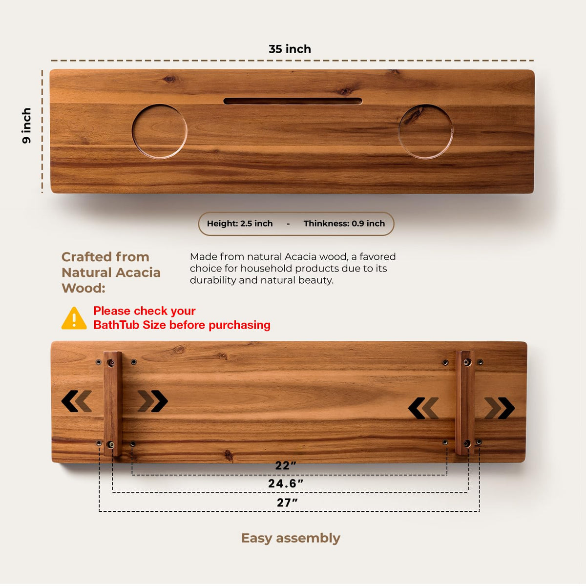 Tinamo Acacia Bathtub Caddy Tray anti-tip design helps stable use.