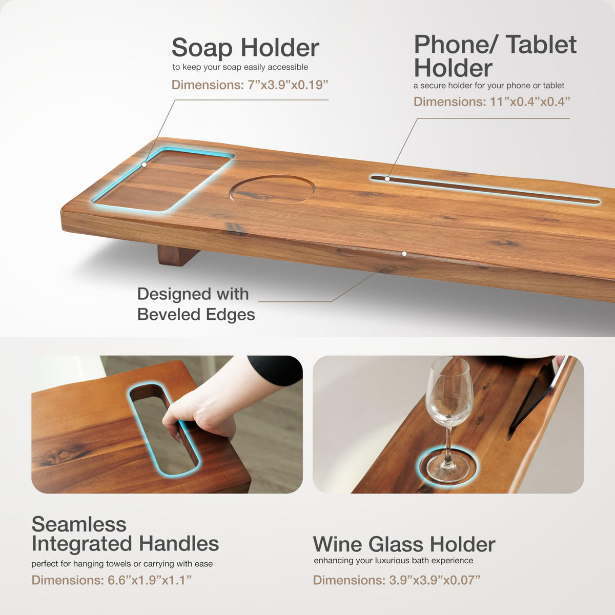 Tinamo Acacia Bathtub Tray anti-tipping design helps prevent spills during baths.