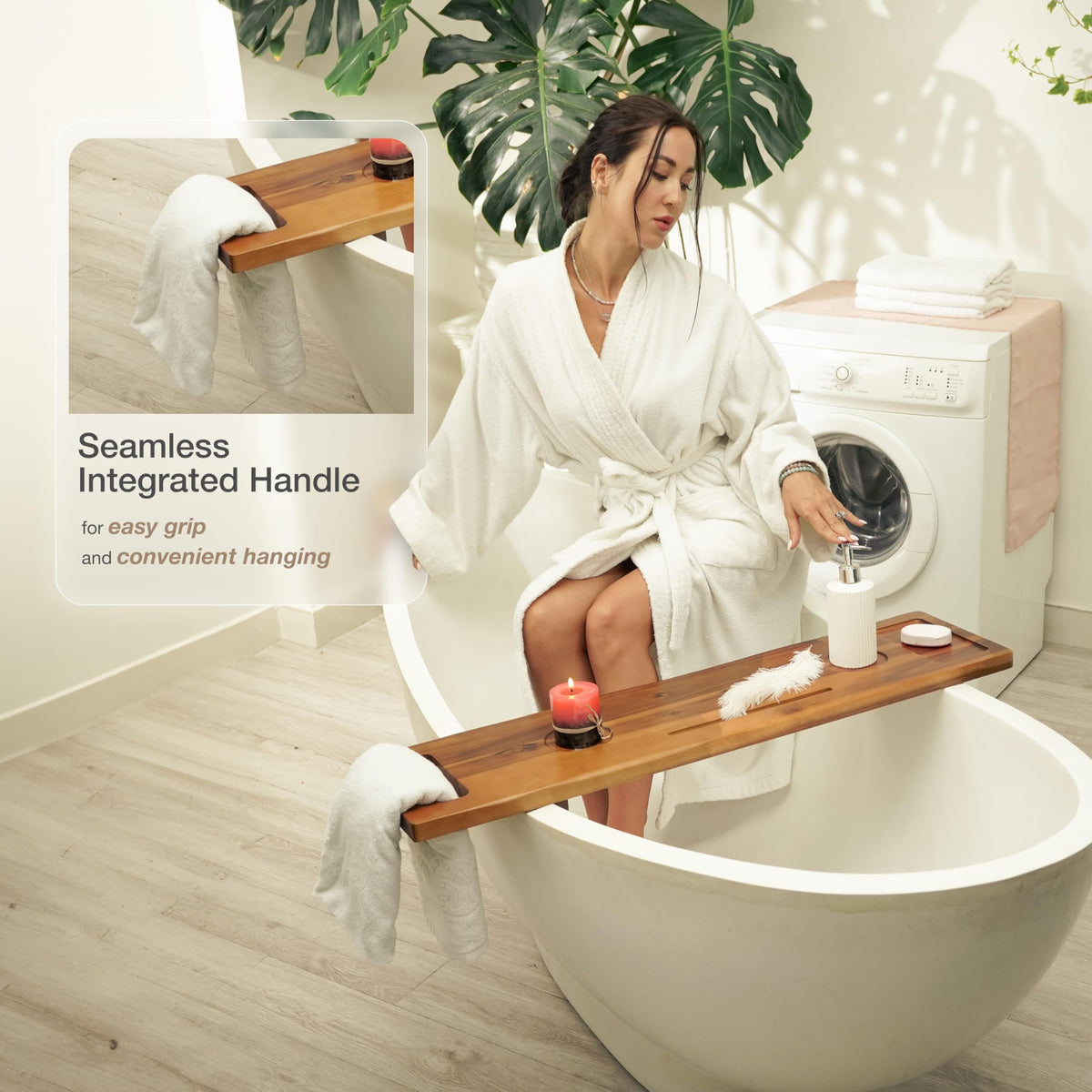 Tinamo Acacia Bathtub Tray phone and tablet slot keeps devices within reach.