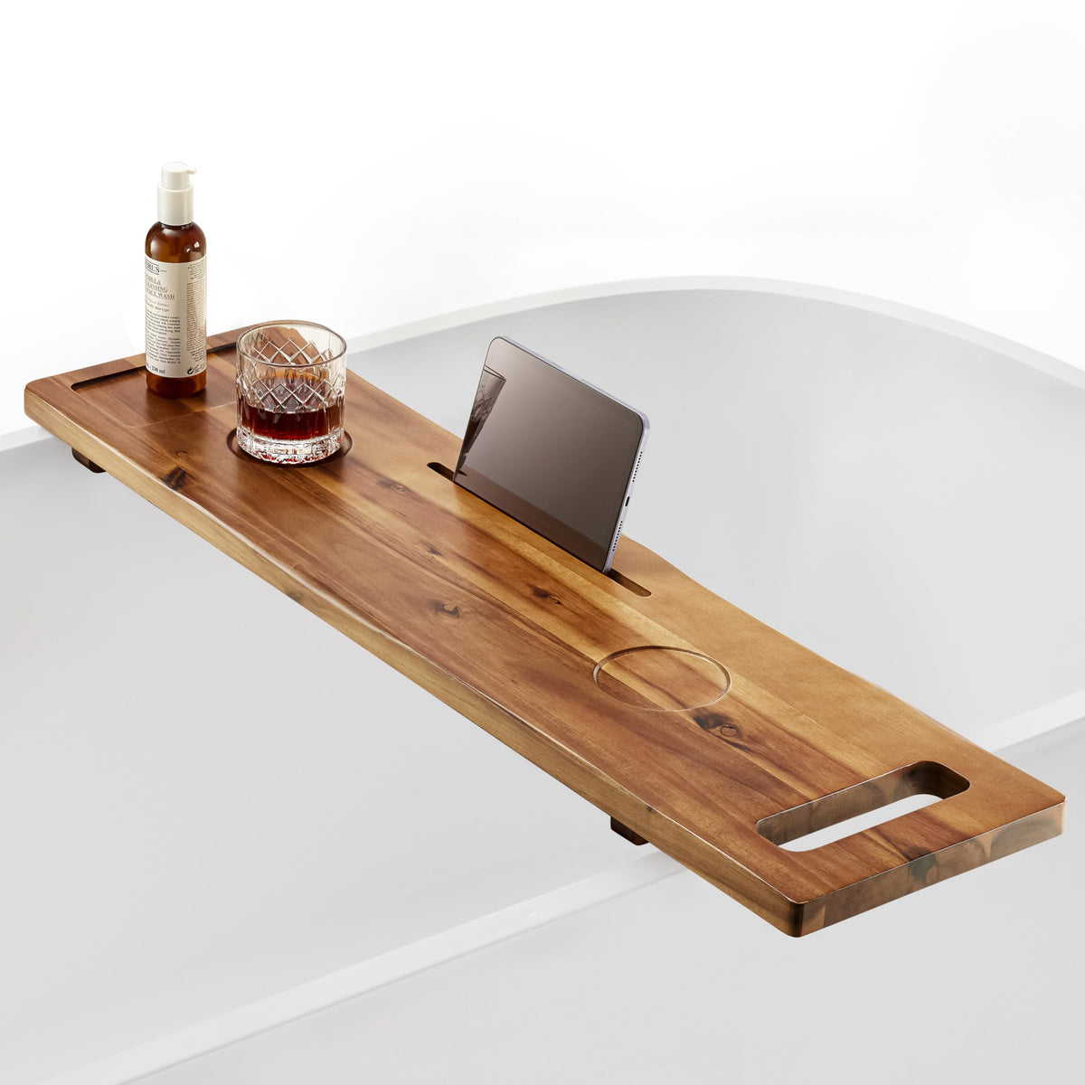 Tinamo Acacia Bathtub Tray top view shows roomy surface for bath essentials.