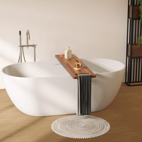 Tinamo Acacia Bathtub Tray wine-glass grooves hold beverages securely.