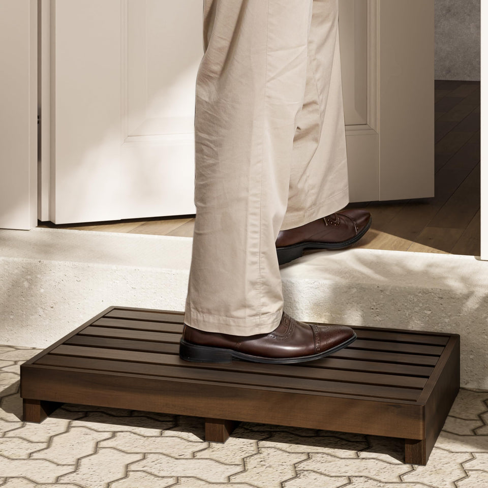 Tinamo acacia wood step stool, 3.5-inch height for bed access and safer footing.