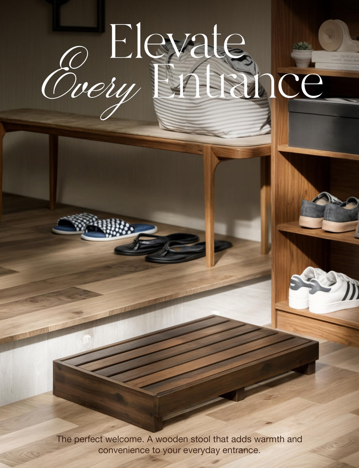 Tinamo bedside, kitchen, and bathroom stool enhances daily reach with wood finish.