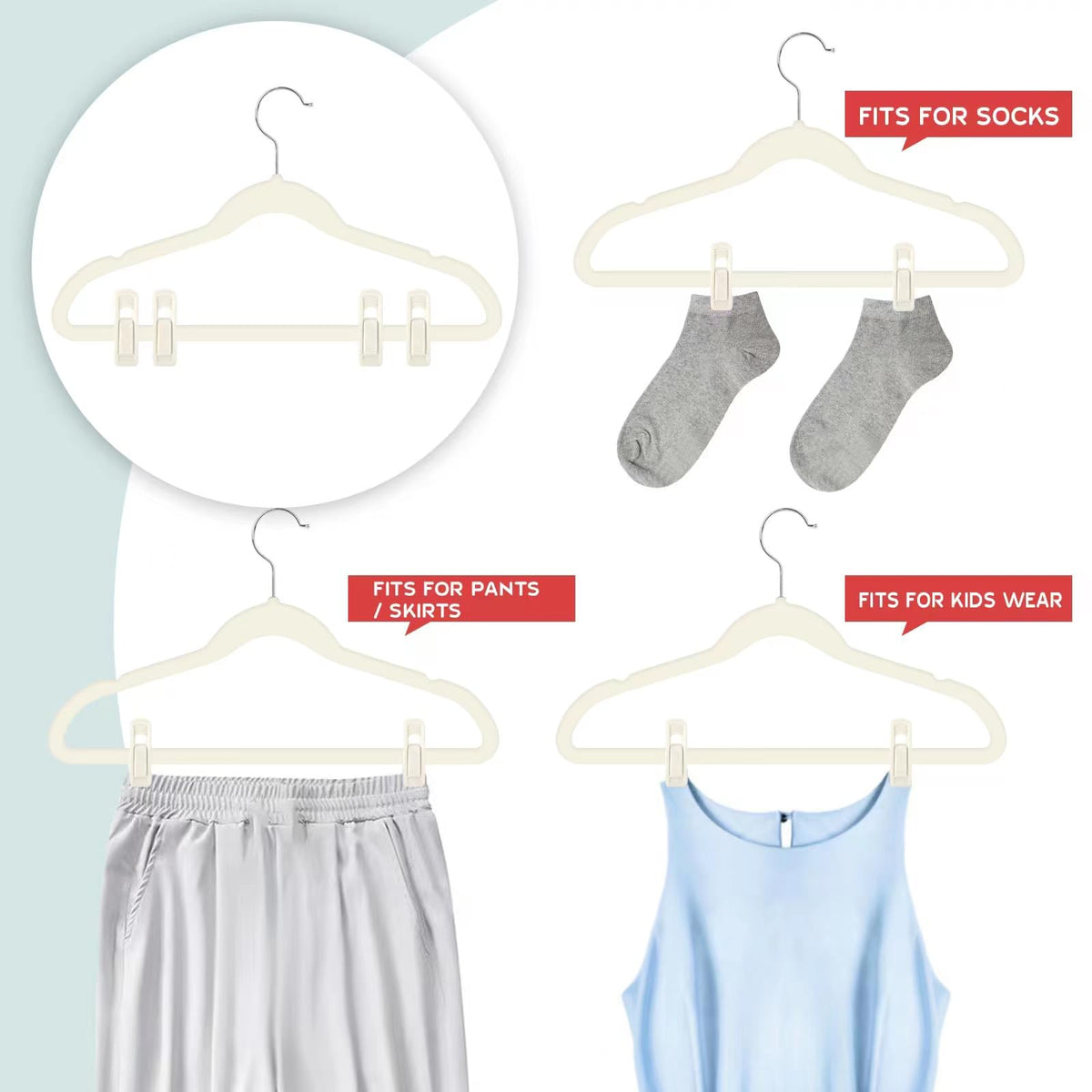Smooth-edged Tinfol velvet clips prevent snagging without metal parts