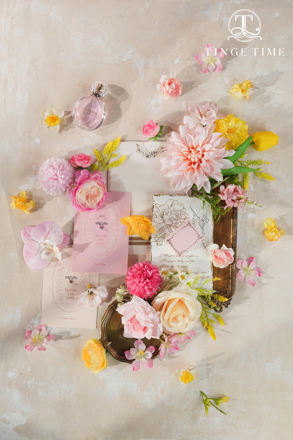 TINGE TIME baby shower decor with pink yellow blooms