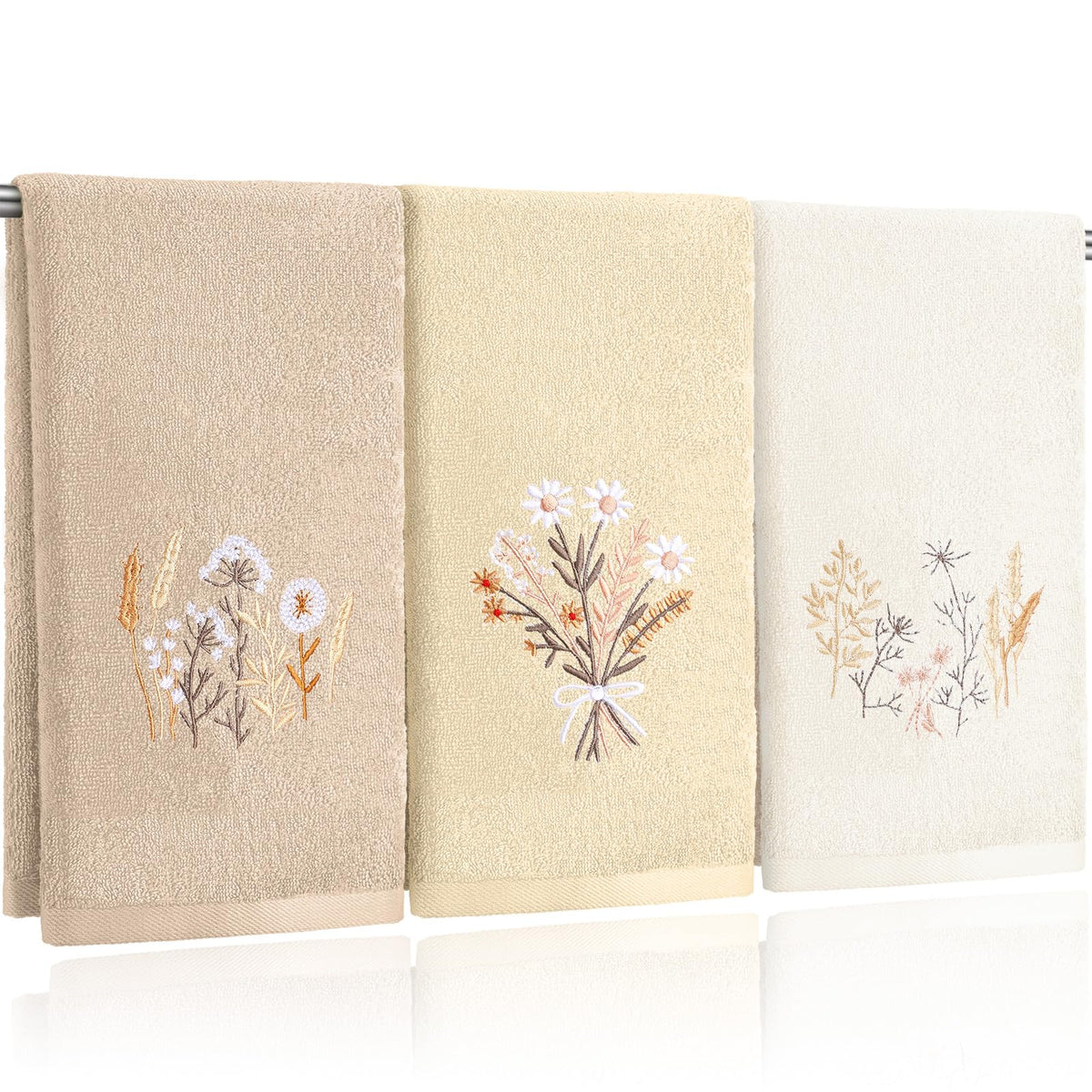 Tingjoo neutral boho flowers hand towels 3pc set for bathroom decor and everyday use.
