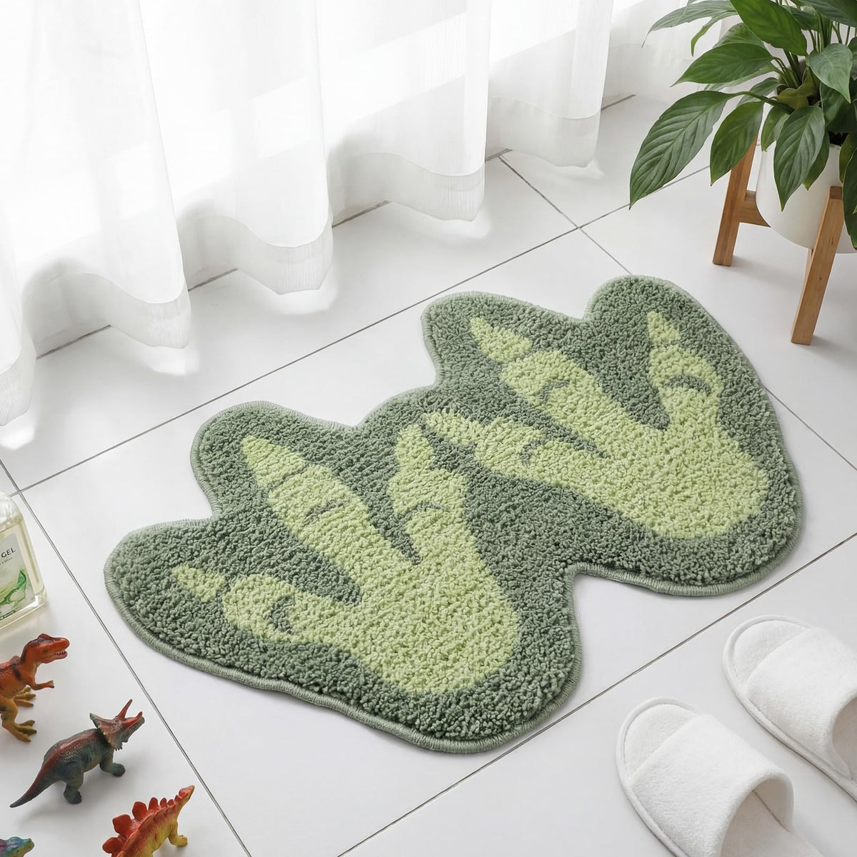 Tinideya dinosaur footprints bath rug with aqua green non-slip backing for safe bathrooms
