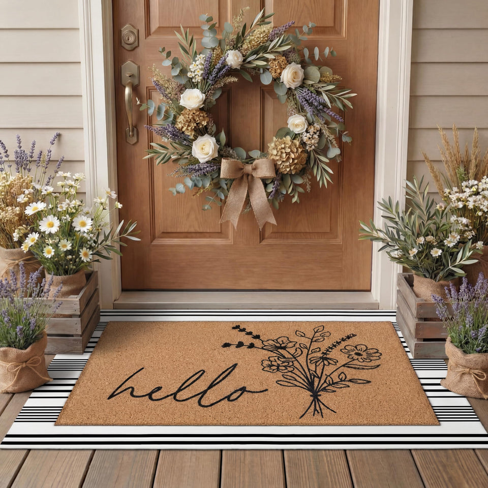 Tinideya Wildflower hello coir mat with non-slip backing for a safer entry.