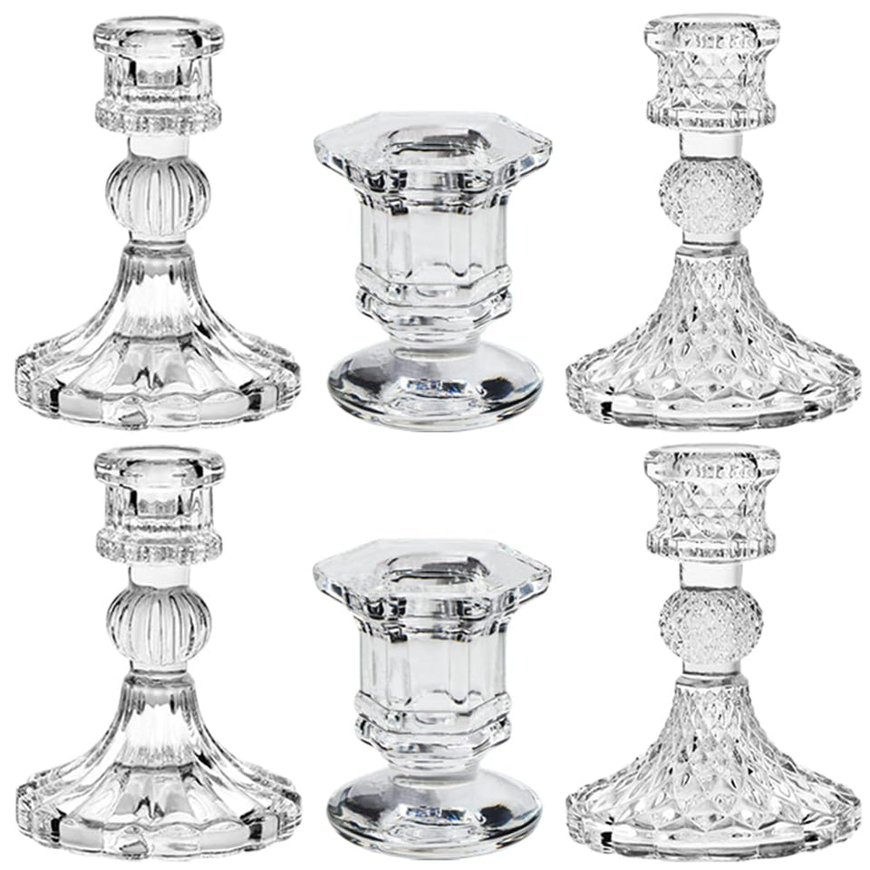 TinMix Glass Candlestick Set 6 with vertical strip design for romantic table decor