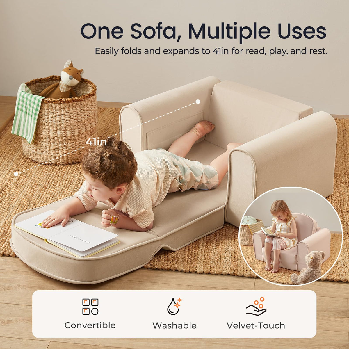 Tiny Land beige sofa side pocket detail for toy storage
