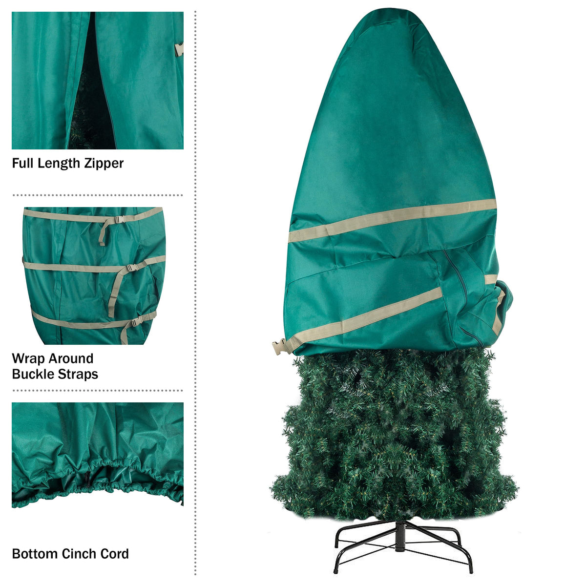 Cinch cord secures slim or bulky trees during storage for a snug fit.