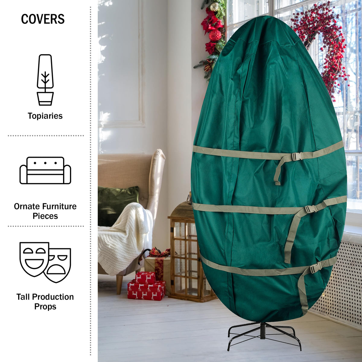 Full-length zipper enables easy drape and removal of the tree cover.