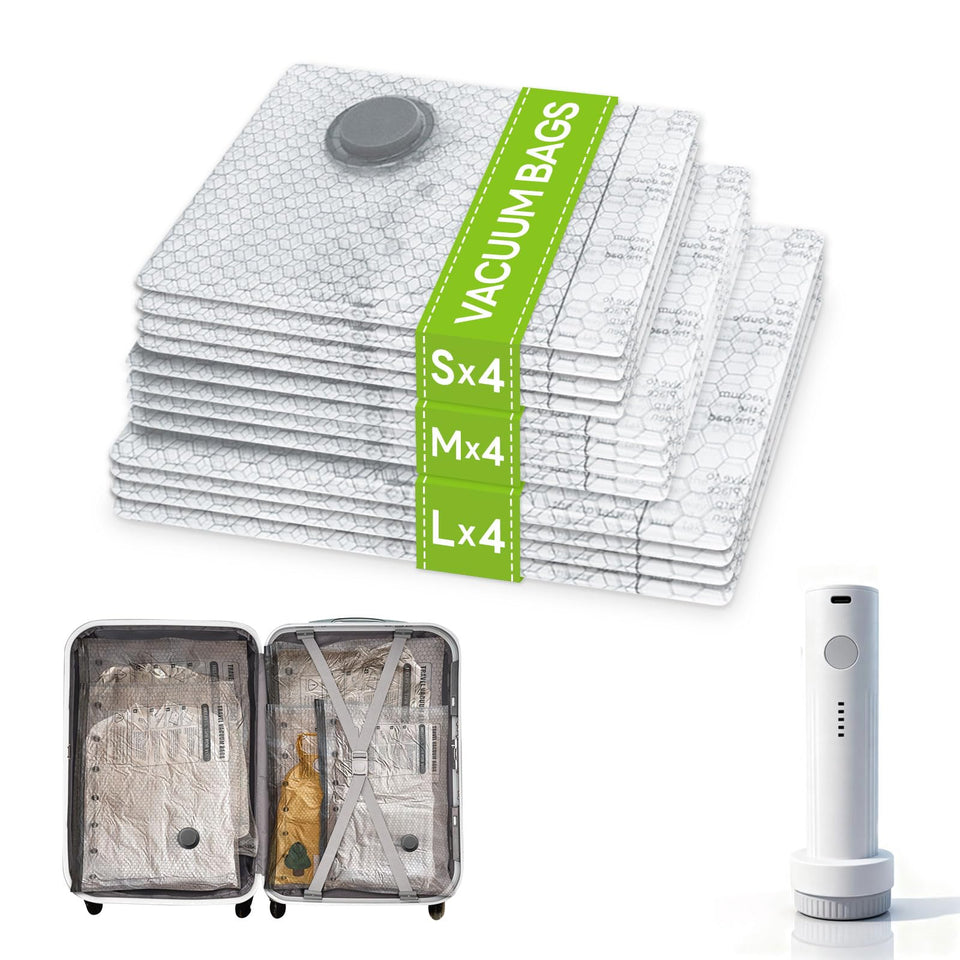 Tinzum travel vacuum bags 12-pack demonstrate compact packing for efficient luggage.