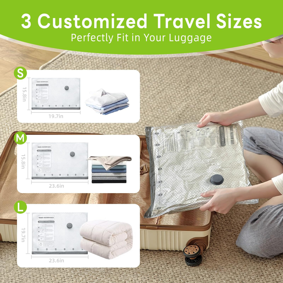 Tinzum vacuum bags show three sizes for versatile packing aboard.