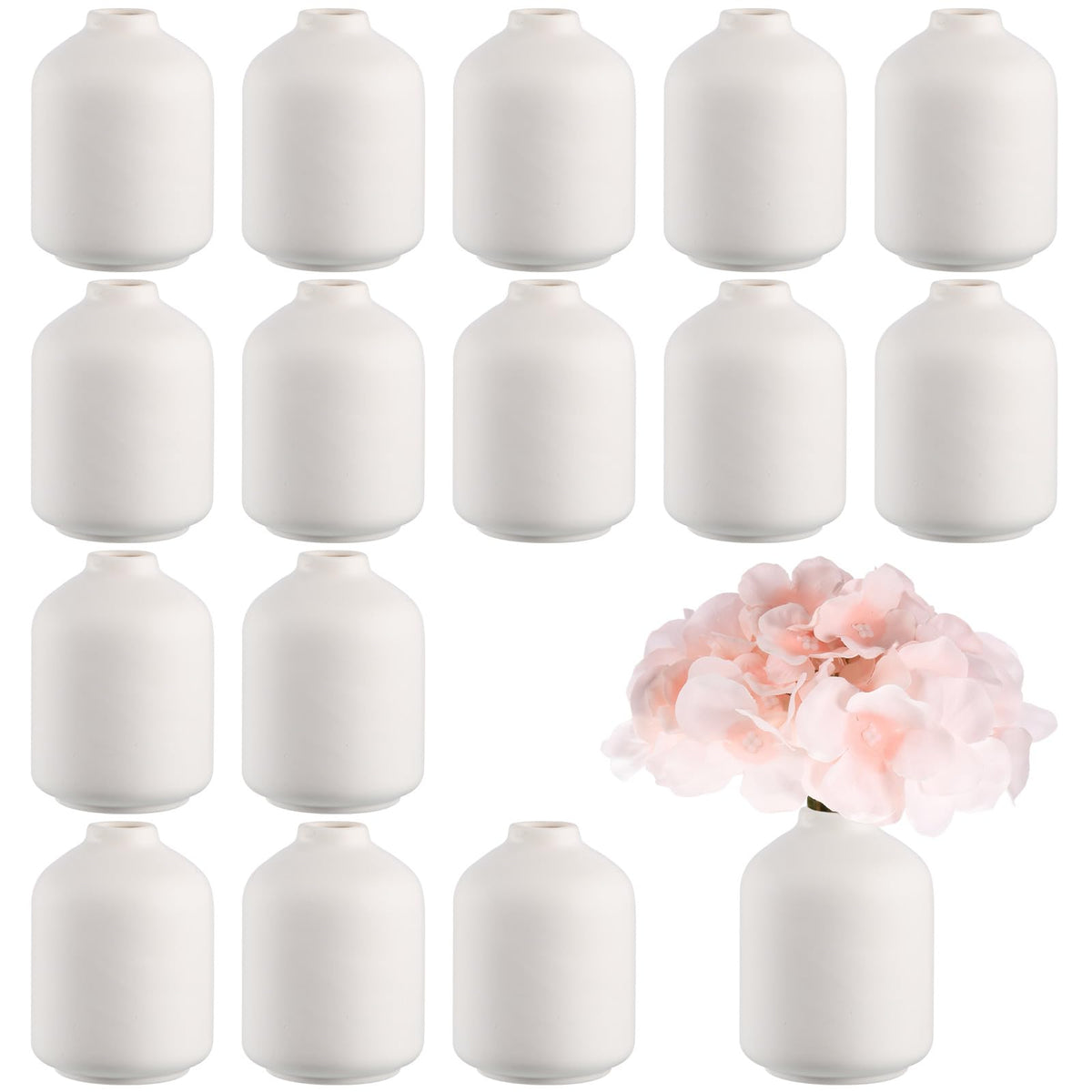 Tioncy 15-pack white ceramic bud vases for cohesive tablescape and versatile centerpieces.