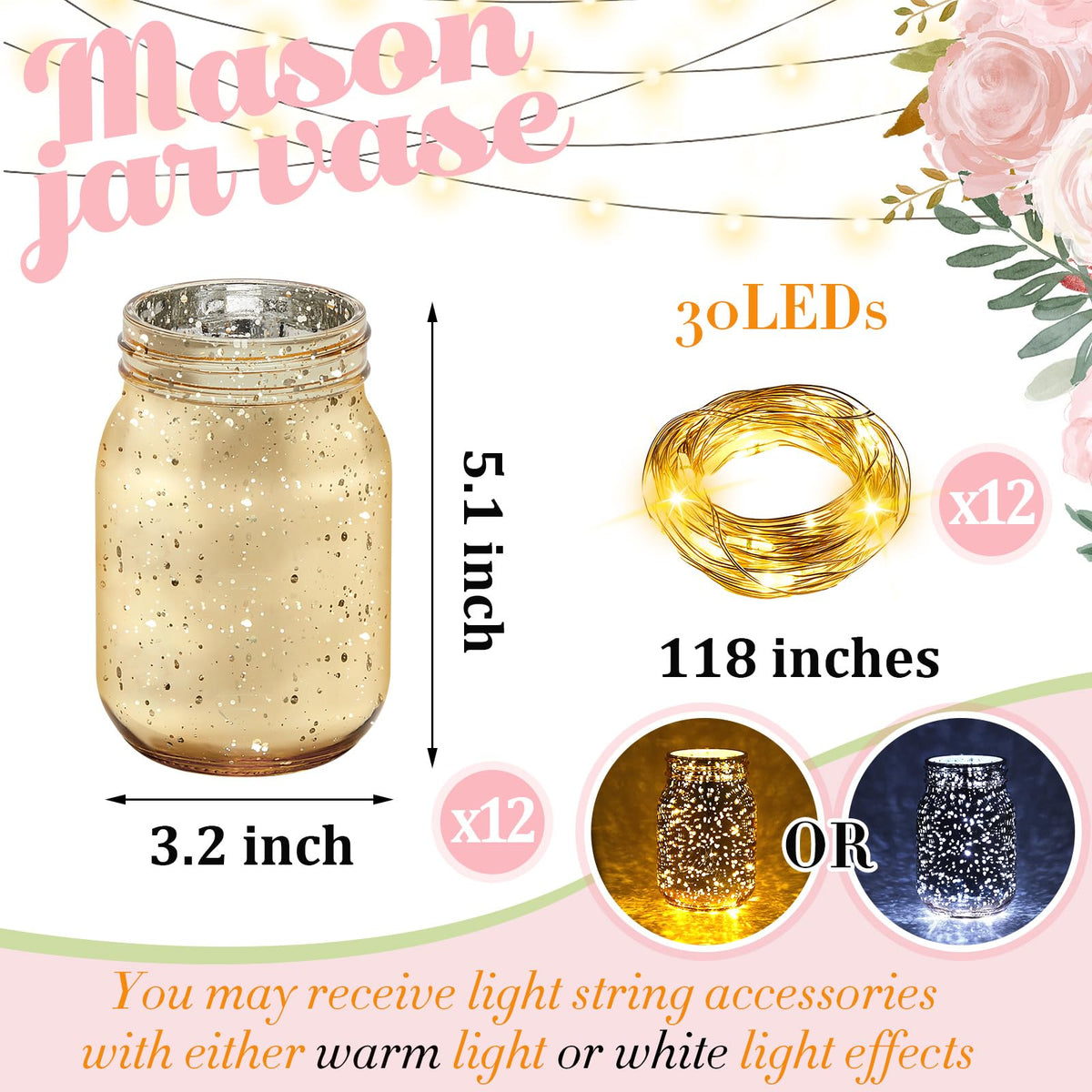 Tioncy LED light strings laid along jars create a warm wedding ambiance