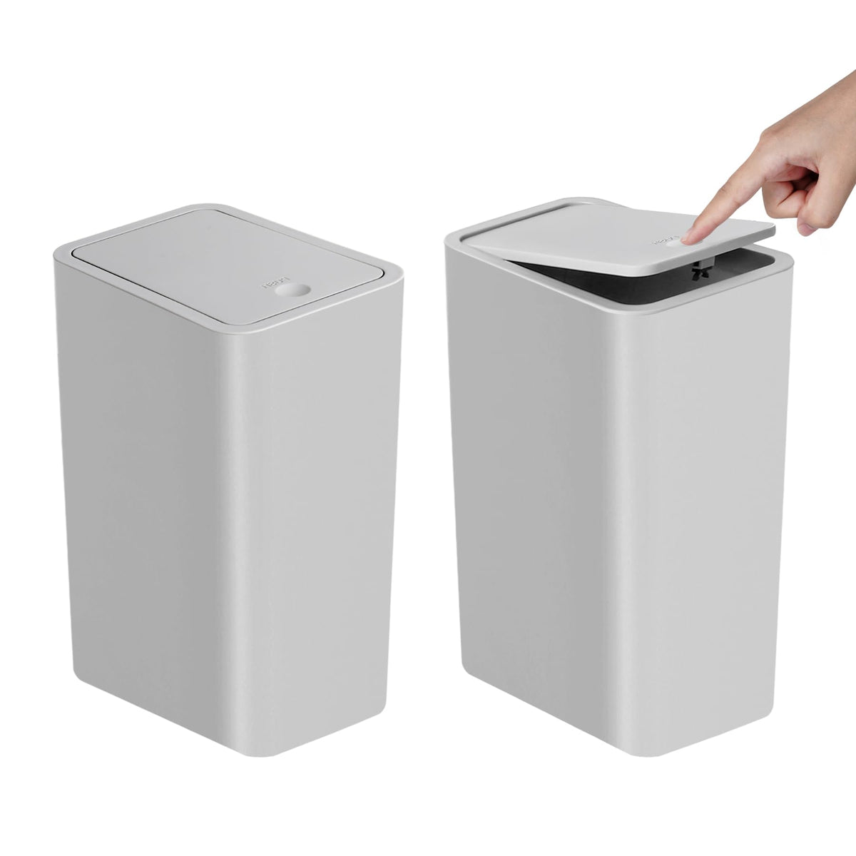 TIPGO 10L grey bathroom trash can with lid open for quick disposal.