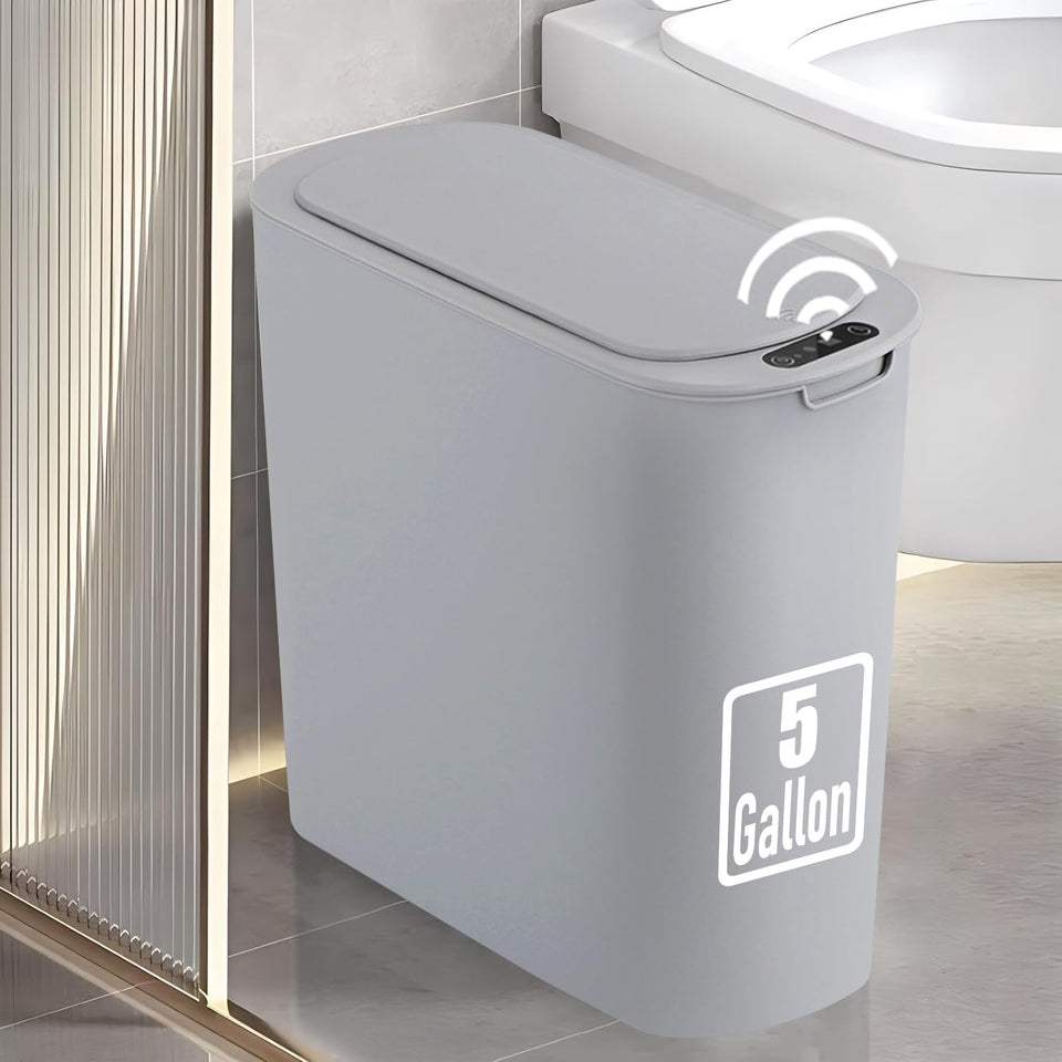 TIPGO 5-gallon motion sensor trash can, lid opens for touchless disposal.