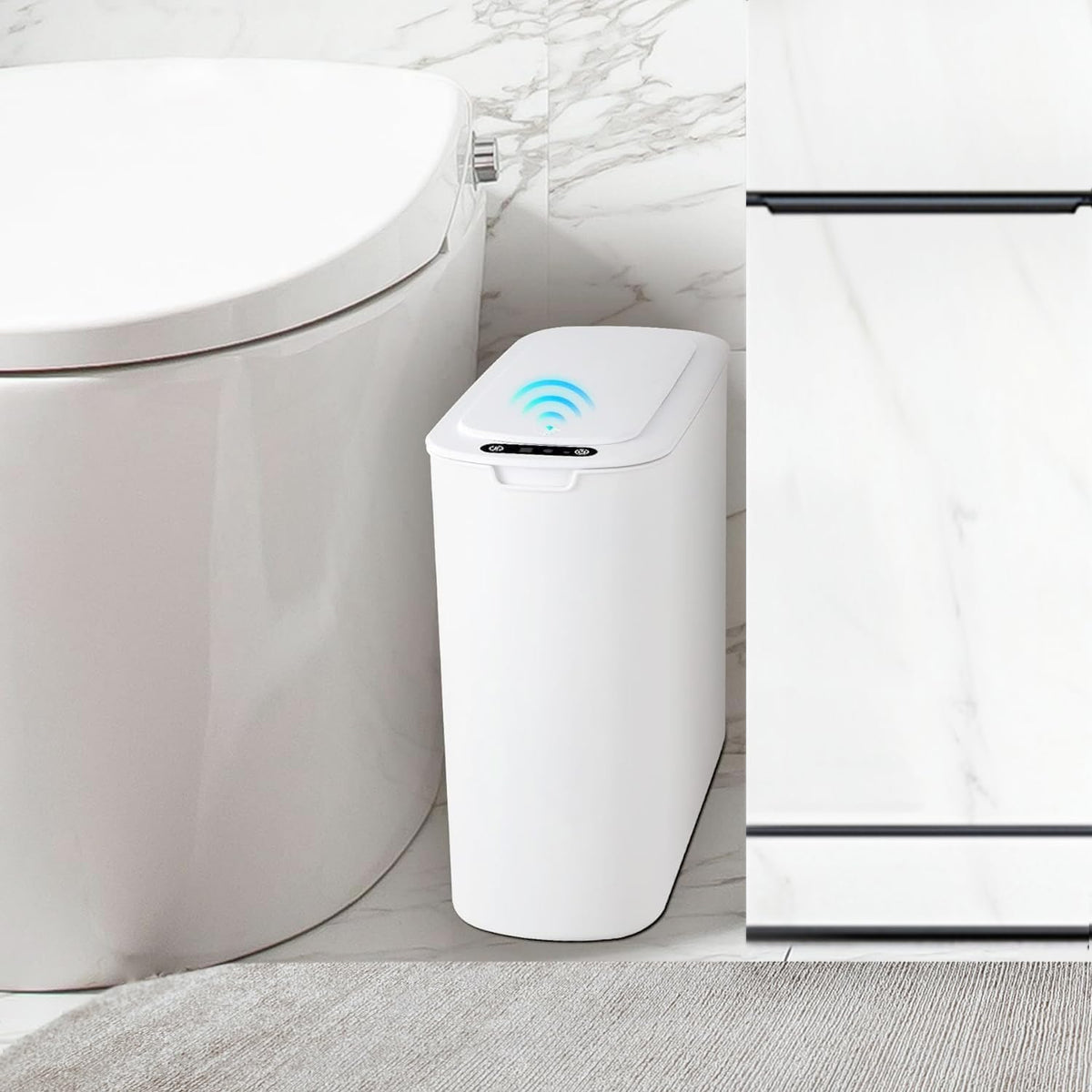 TIPGO automatic motion sensor trash can front view, hands-free lid for cleaner hands.