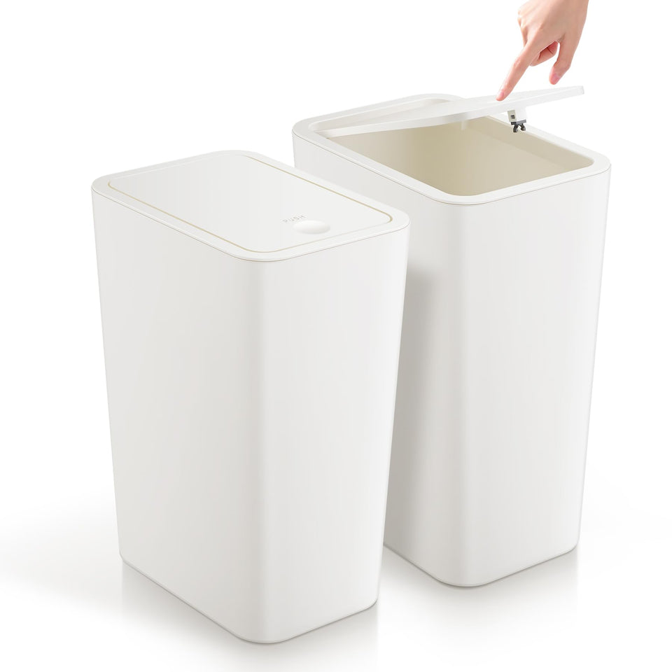 TIPGO bathroom trash can with lid in white; slim design for tight spaces.