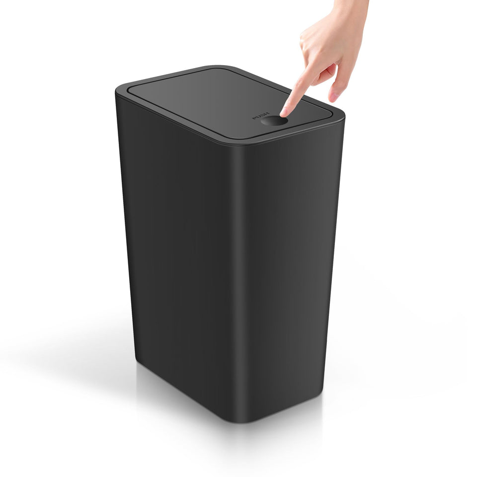 TIPGO bathroom trash can with lid shown in a slim space, ideal for small rooms.