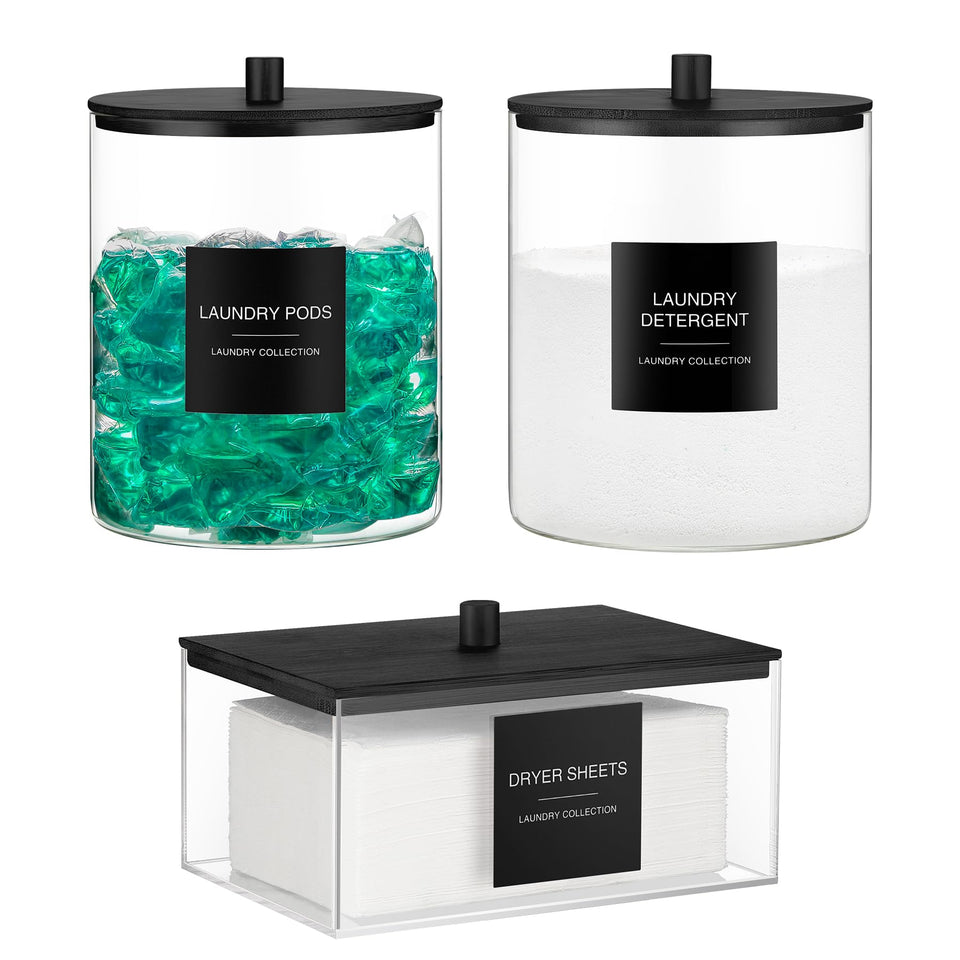 TIPGO glass bottles with bamboo lids for organized laundry storage.