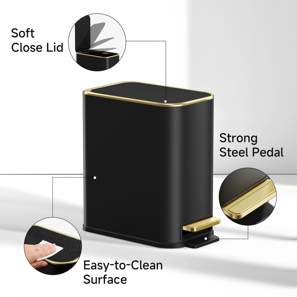 TIPGO golden steel pedal opens smoothly for easy waste disposal