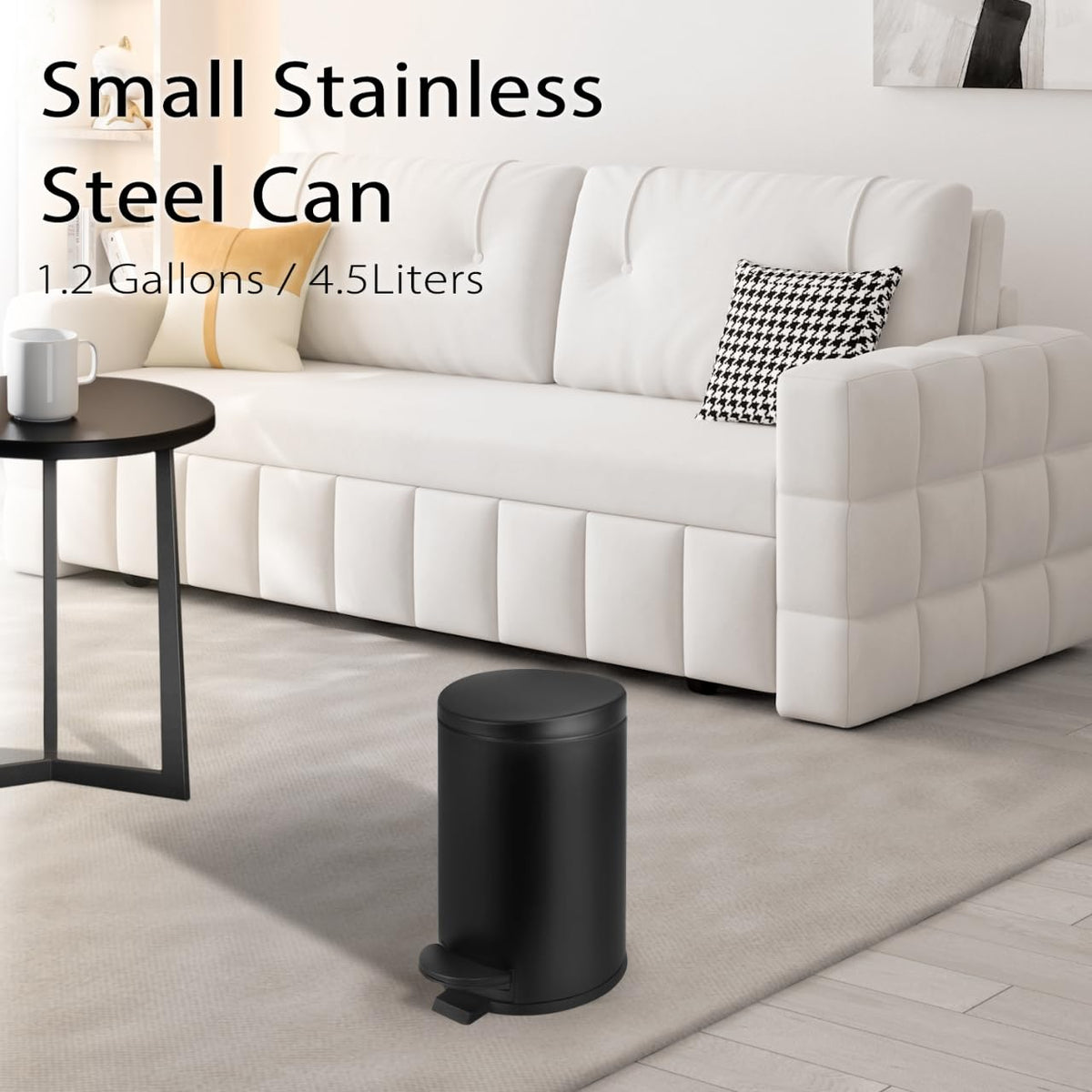 TIPGO matte black trash bin fits small spaces.