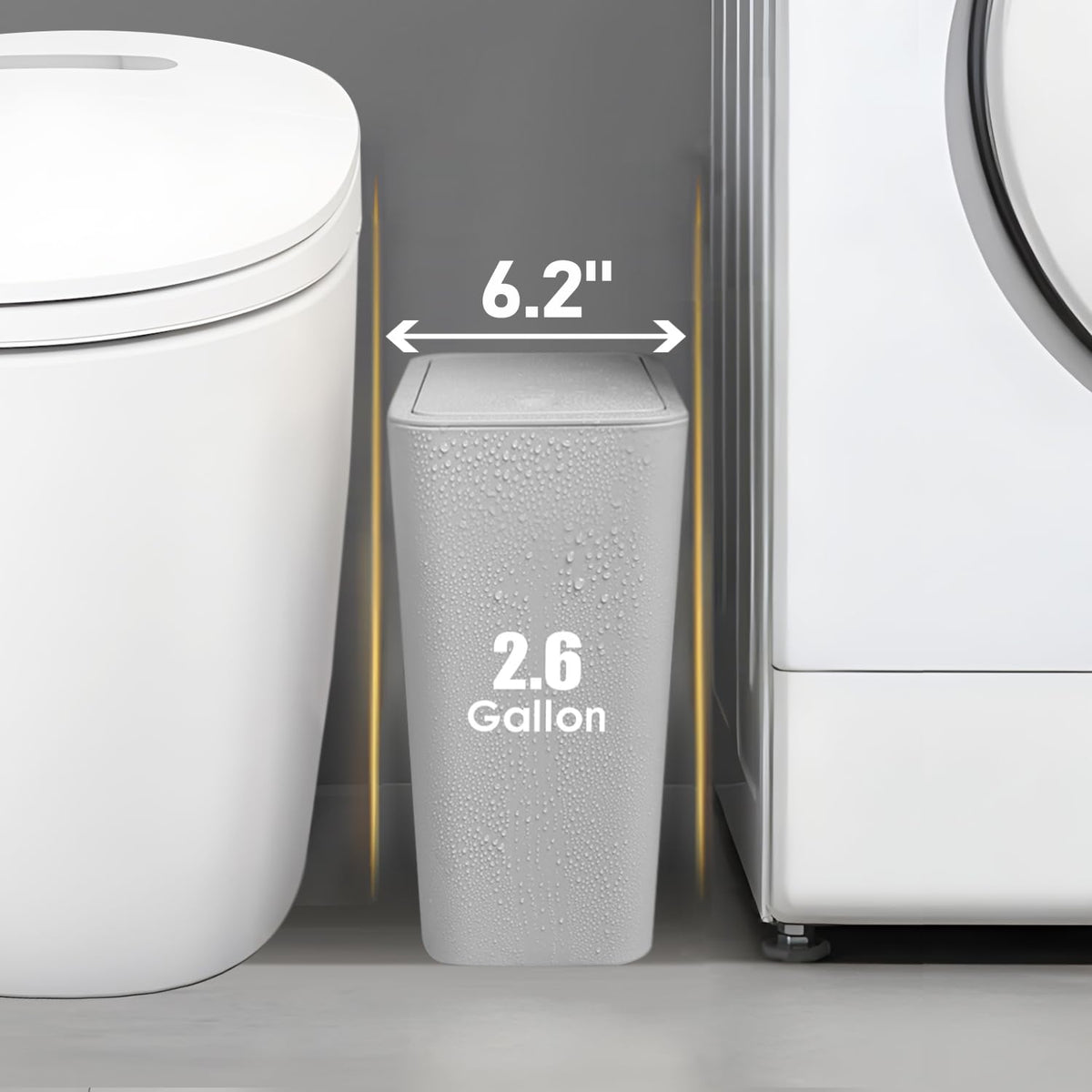 TIPGO slim 10L grey trash bin fitting neatly in a kitchen corner.