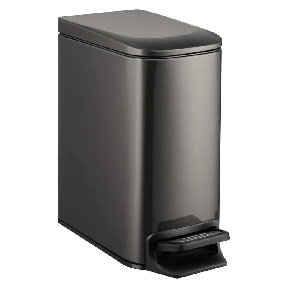 TIPGO Slim bathroom trash can side view shows slim profile for tight corners.