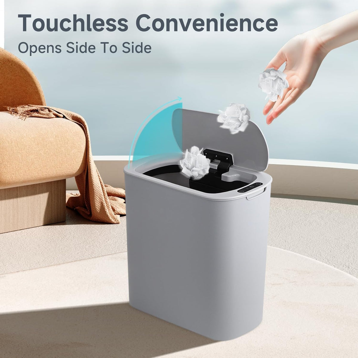TIPGO slim-design trash bin fits narrow spaces with ample capacity.